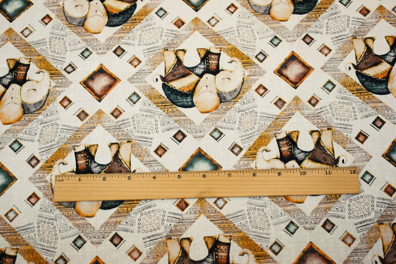 White-Yellow-Multi Elephant Diamond Pattern Printed Linen Woven Fabric