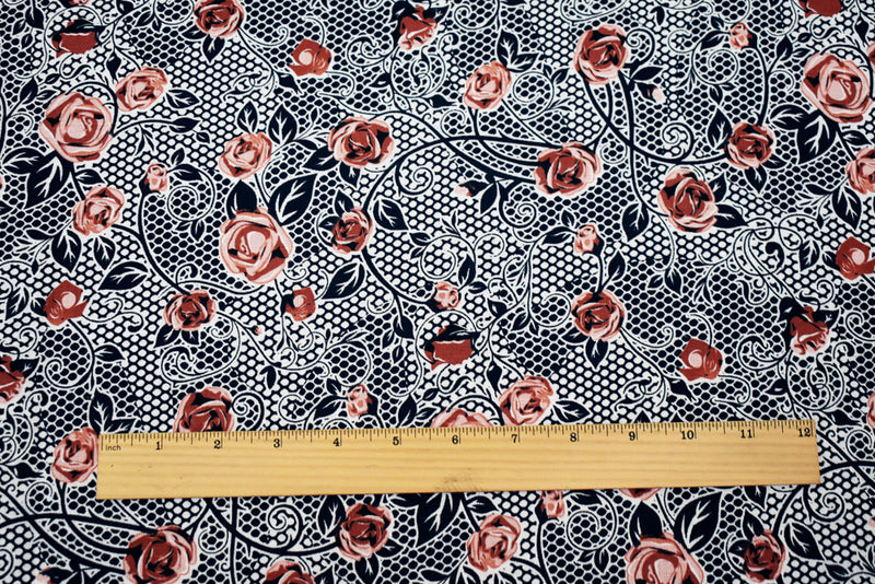 Navy-Peach-Orange Floral Mesh Pattern Printed Linen Woven Fabric