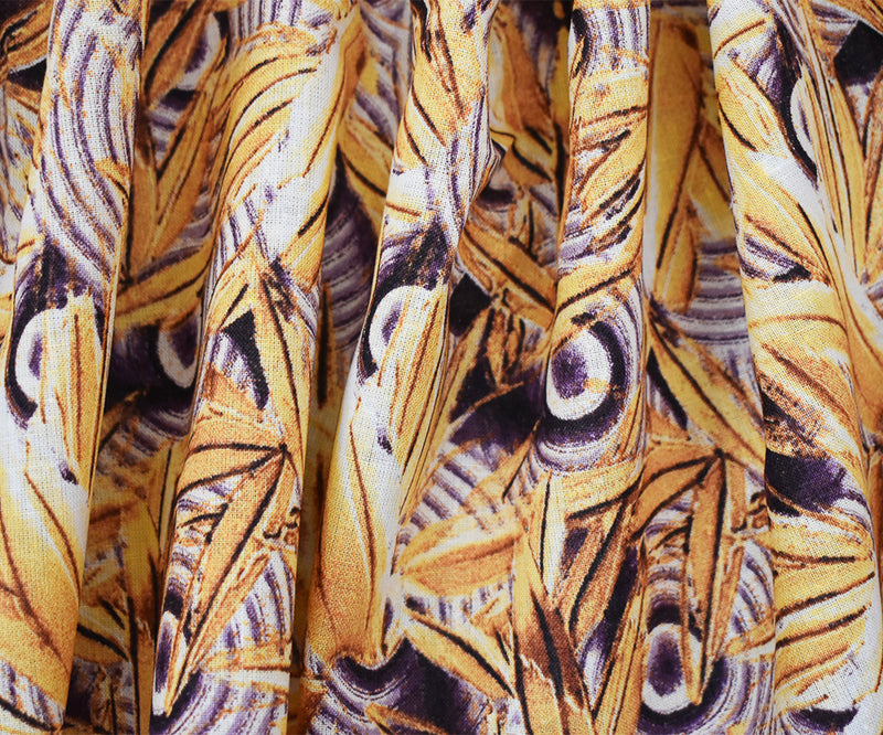 Purple-Yellow-Multi Abstract Whirl Leaf Pattern Printed Linen Woven Fabric