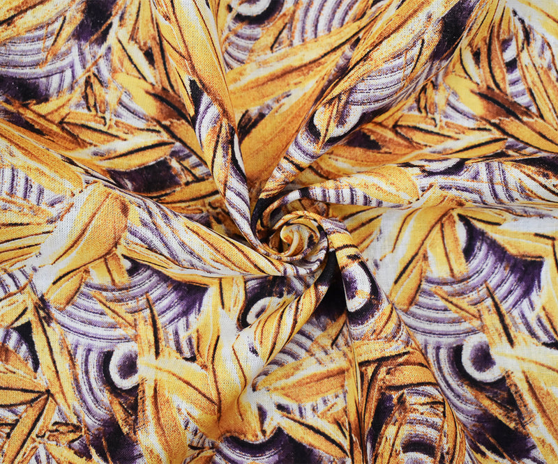 Purple-Yellow-Multi Abstract Whirl Leaf Pattern Printed Linen Woven Fabric