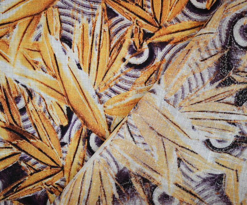 Purple-Yellow-Multi Abstract Whirl Leaf Pattern Printed Linen Woven Fabric