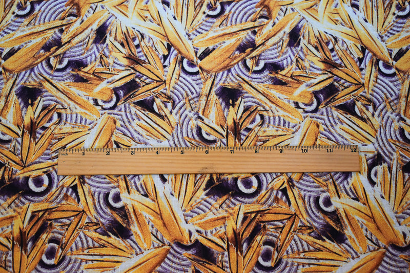 Purple-Yellow-Multi Abstract Whirl Leaf Pattern Printed Linen Woven Fabric