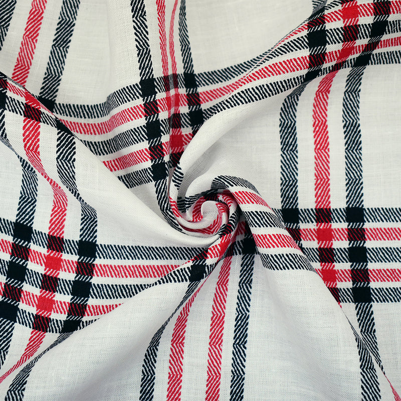 White-Navy-Red Plaid Printed Linen Woven Fabric