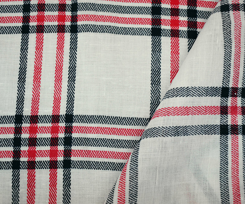 White-Navy-Red Plaid Printed Linen Woven Fabric