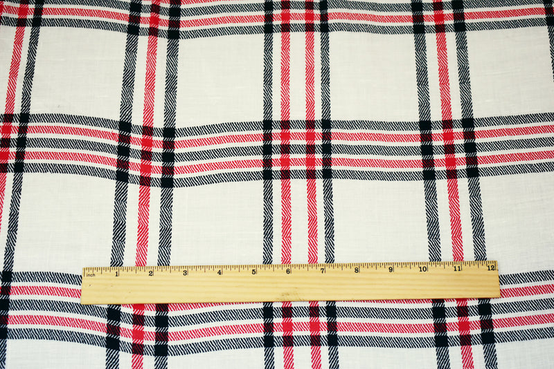 White-Navy-Red Plaid Printed Linen Woven Fabric