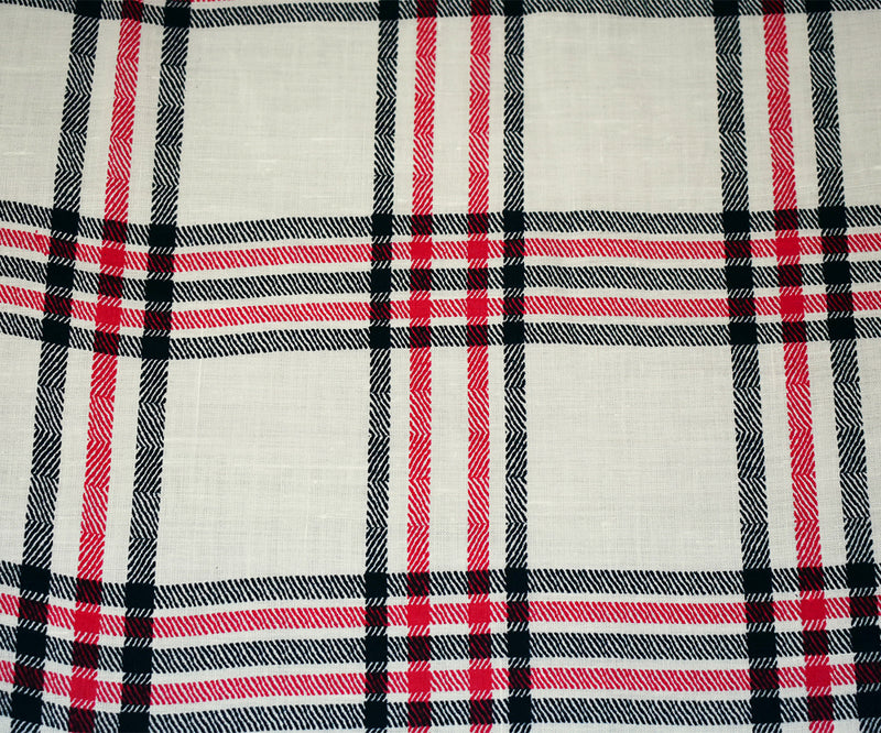 White-Navy-Red Plaid Printed Linen Woven Fabric