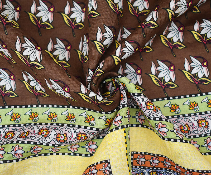 Yellow-Brown-Multi Floral Bandana Pattern Printed Linen Woven Fabric