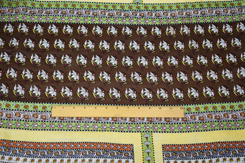 Yellow-Brown-Multi Floral Bandana Pattern Printed Linen Woven Fabric