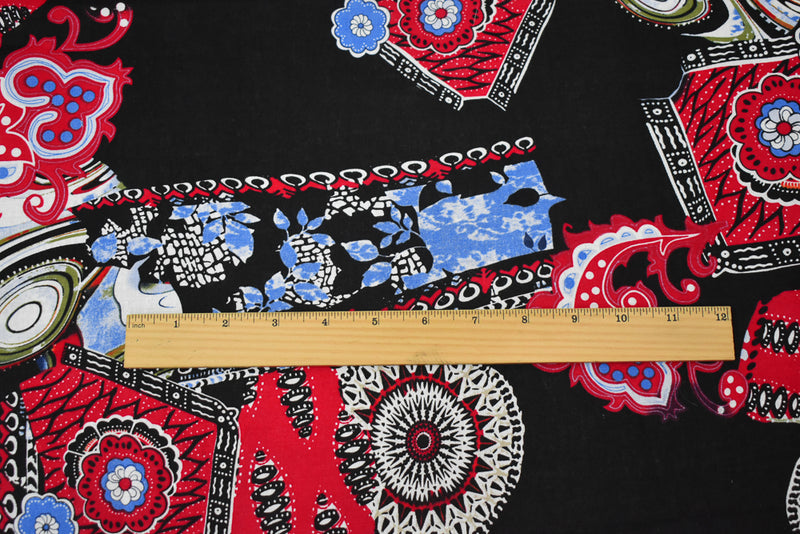 Black-Red-Blue Abstract Tribal Pattern Printed Linen Woven Fabric