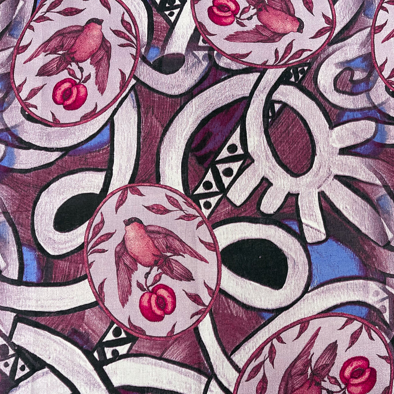 Purple-Blue-Multi Abstract Bird Fruit Pattern Printed Linen Woven Fabric