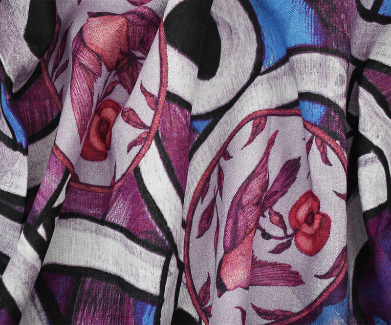 Purple-Blue-Multi Abstract Bird Fruit Pattern Printed Linen Woven Fabric