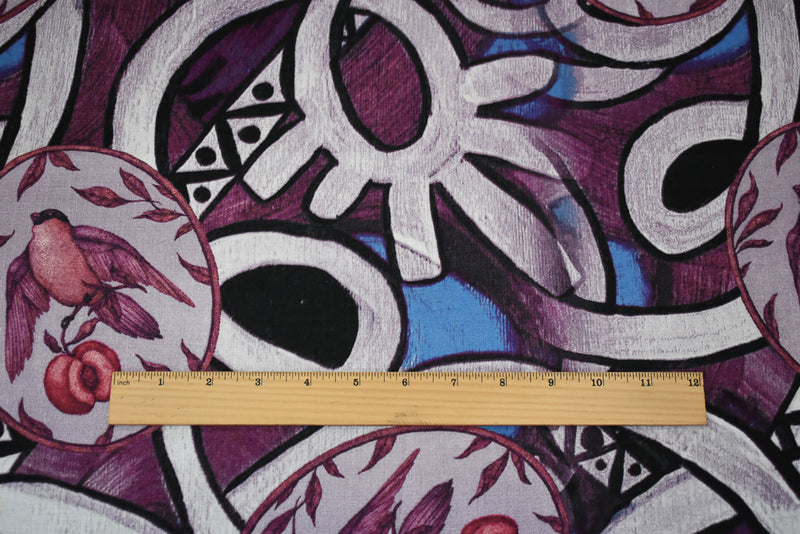 Purple-Blue-Multi Abstract Bird Fruit Pattern Printed Linen Woven Fabric