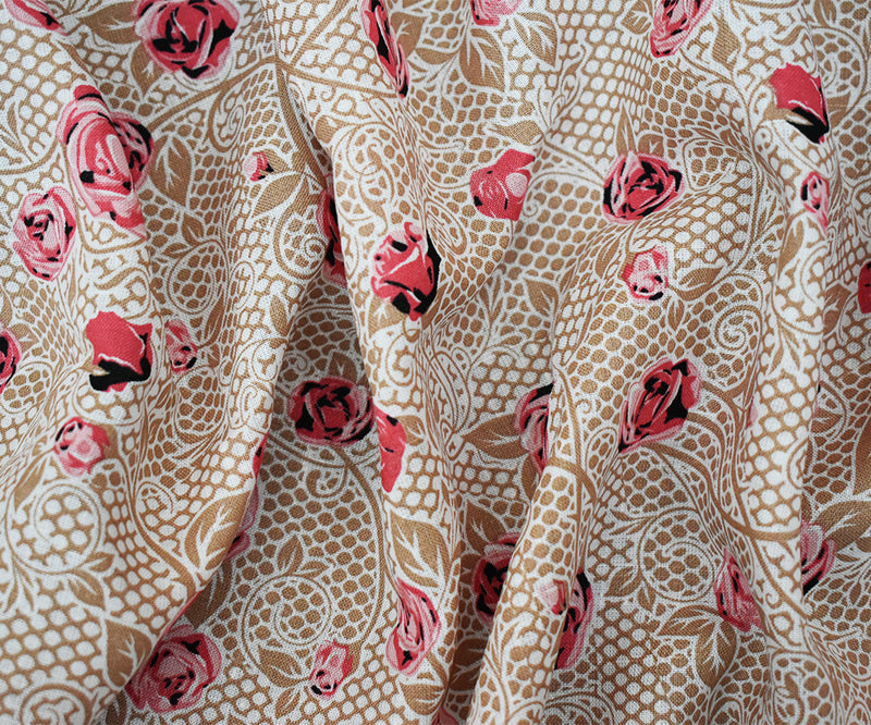 Pink-Beige-Multi Floral Mesh Pattern Printed Linen Woven Fabric