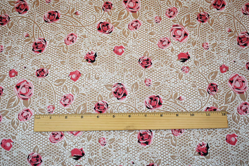 Pink-Beige-Multi Floral Mesh Pattern Printed Linen Woven Fabric