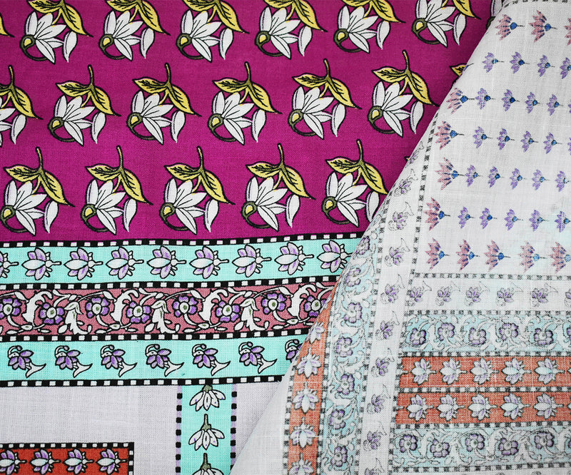 Fuchsia Pink-Multi Floral Bandana Pattern Printed Linen Woven Fabric