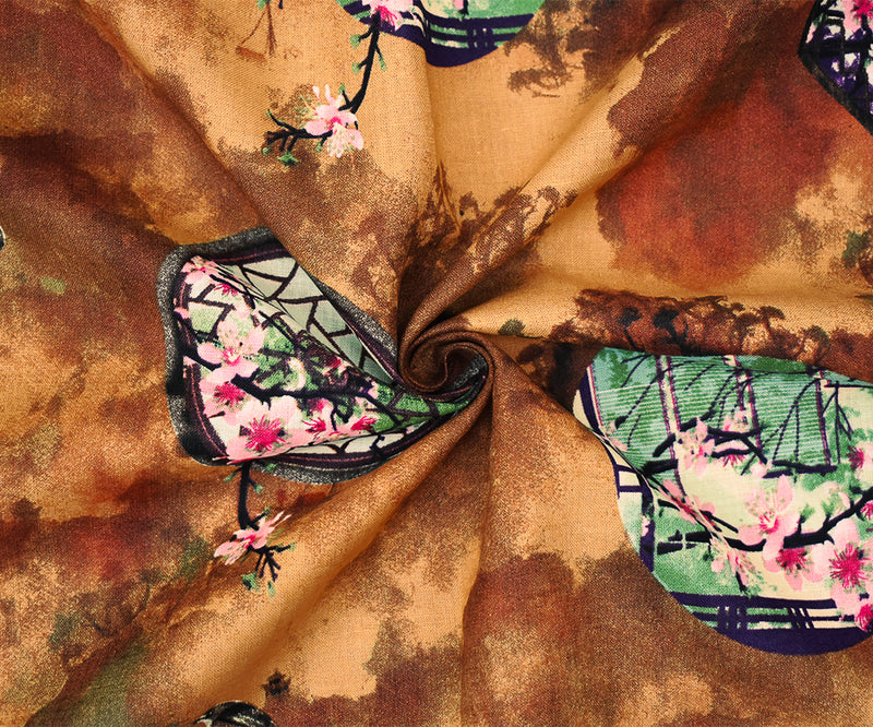Brown-Mint Green-Multi Cherry Blossom Window Printed Linen Woven Fabric