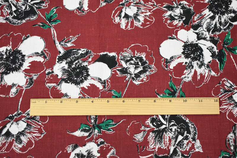 Red-Black-Green Floral Printed Linen Woven Fabric