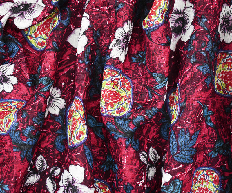 Red-Blue-Purple Floral Leaf Art Printed Linen Woven Fabric
