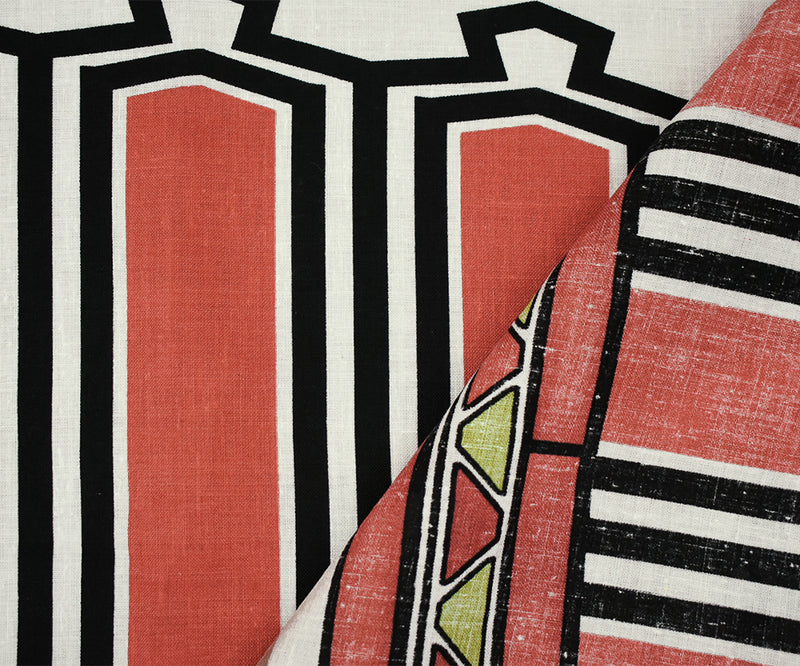 Coral Red-Black-Multi Aztec Pattern Printed Linen Woven Fabric