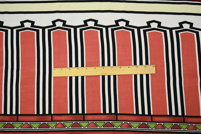 Coral Red-Black-Multi Aztec Pattern Printed Linen Woven Fabric