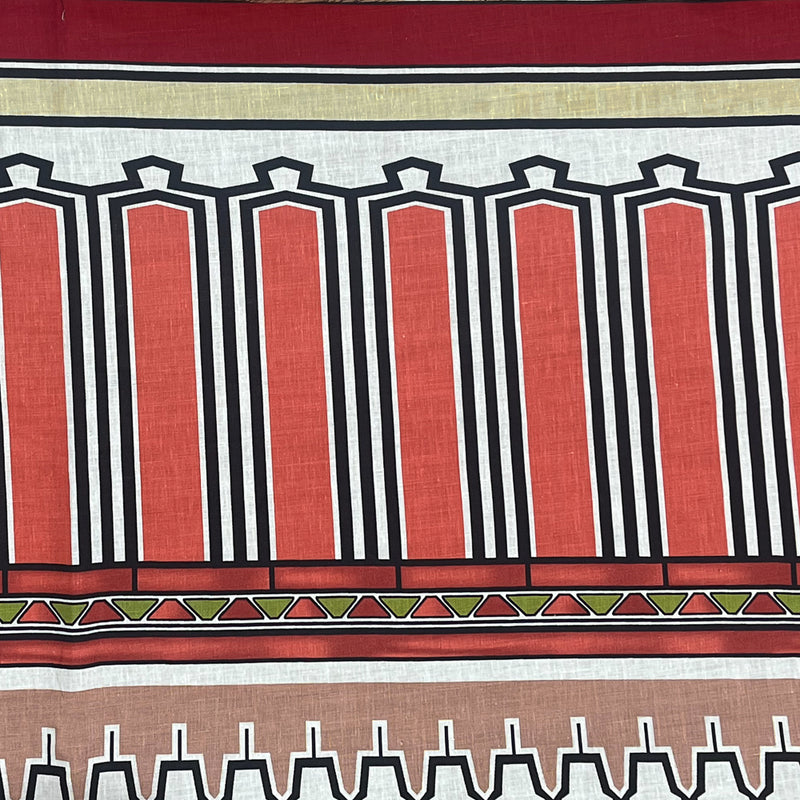 Coral Red-Black-Multi Aztec Pattern Printed Linen Woven Fabric