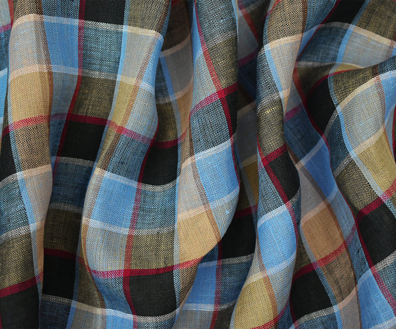 Blue-Beige-Multi Check Linen Woven Fabric