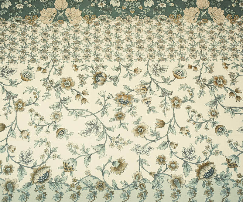 Green-Beige-Multi Floral Border Printed Cotton Sateen Woven Fabric