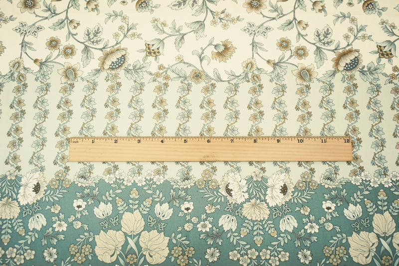 Green-Beige-Multi Floral Border Printed Cotton Sateen Woven Fabric