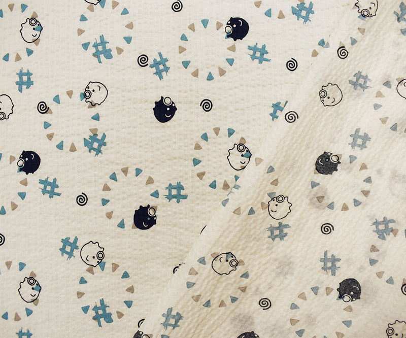 Ivory-Navy-Multi Japanese Cotton Abstract Pig Printed Plisse Woven Fabric