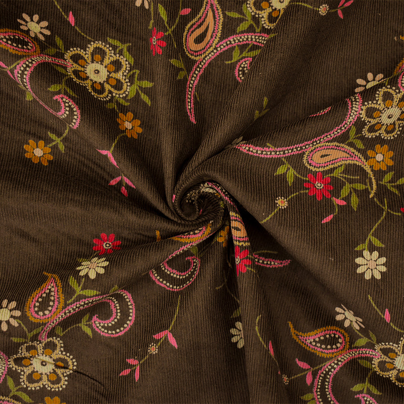 Brown-Pink-Multi Cotton Paisley Floral Printed Corduroy Woven Fabric