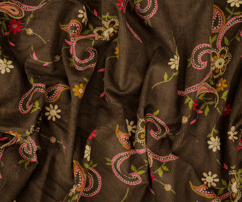 Brown-Pink-Multi Cotton Paisley Floral Printed Corduroy Woven Fabric