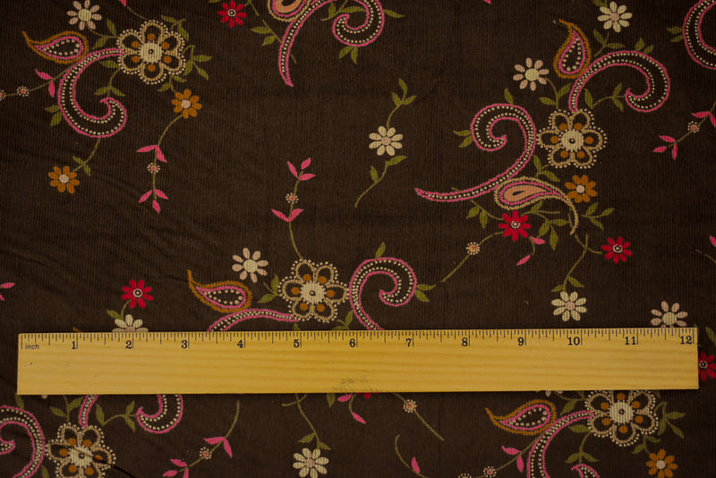 Brown-Pink-Multi Cotton Paisley Floral Printed Corduroy Woven Fabric