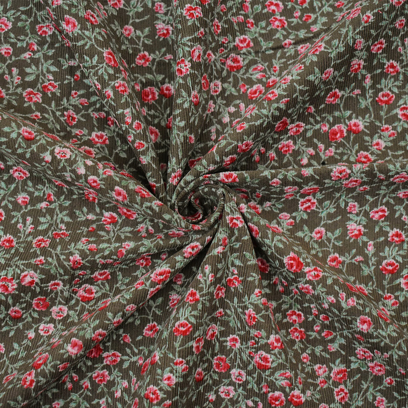 Brown-Red-Green Cotton Floral Corduroy Woven Fabric