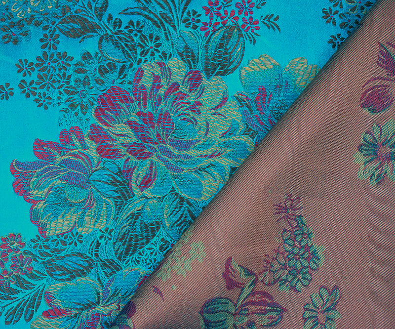 Blue-Brown-Multi Polyester Floral Chinese Brocade Woven Fabric