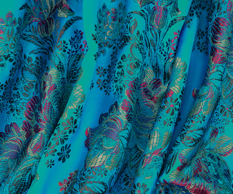 Blue-Brown-Multi Polyester Floral Chinese Brocade Woven Fabric