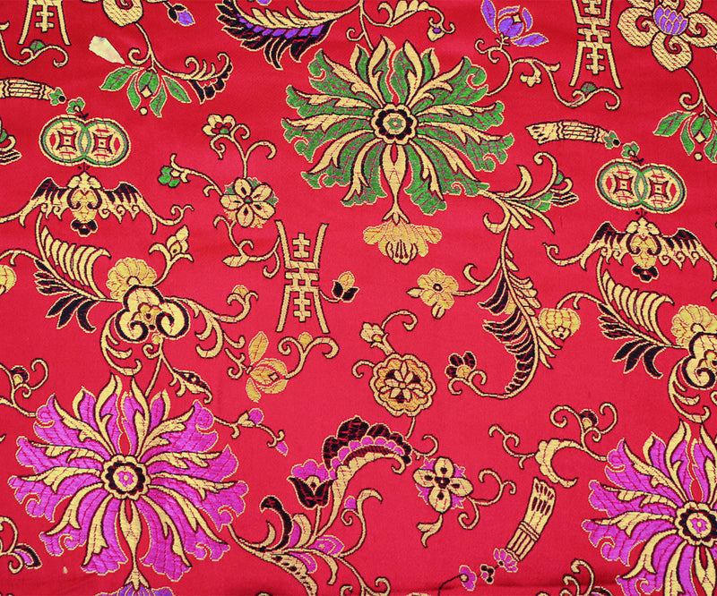 Red-Yellow-Multi Polyester  Floral Chinese Brocade Woven Fabric