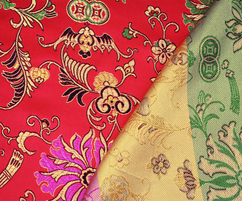 Red-Yellow-Multi Polyester  Floral Chinese Brocade Woven Fabric