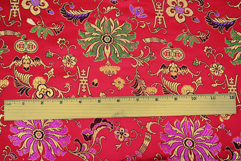 Red-Yellow-Multi Polyester  Floral Chinese Brocade Woven Fabric