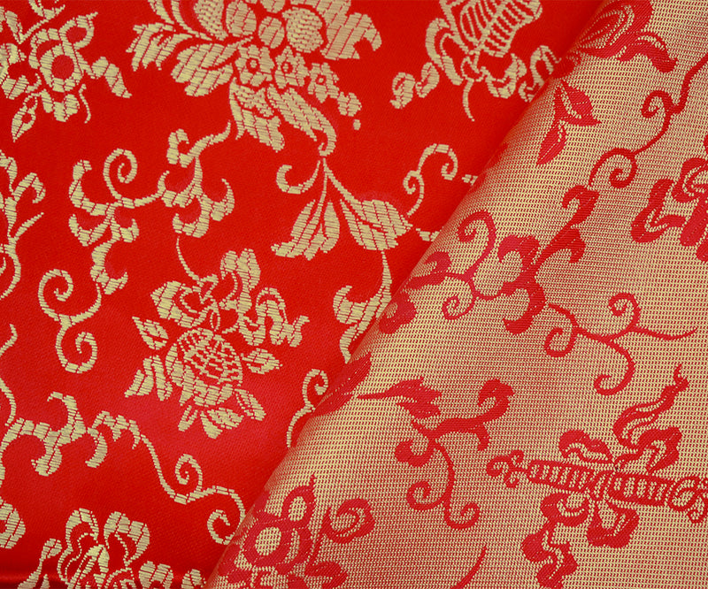 Red-Yellow Polyester Floral Pattern Chinese Brocade Woven Fabric