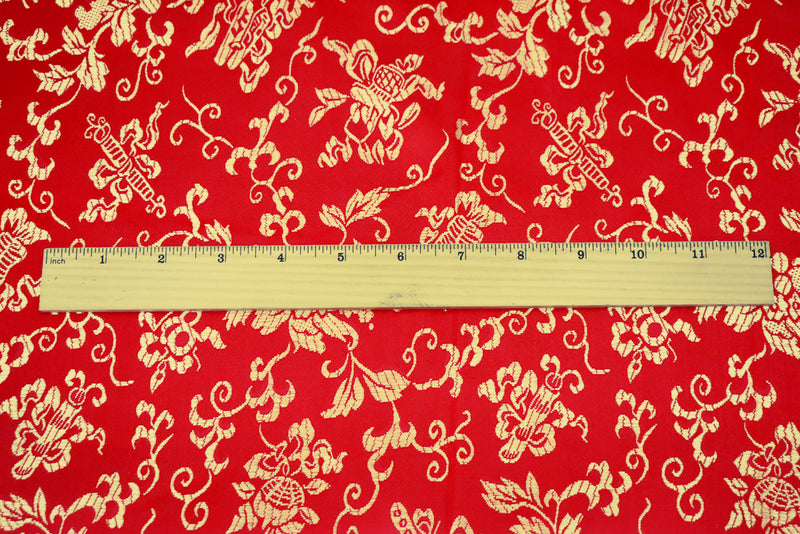Red-Yellow Polyester Floral Pattern Chinese Brocade Woven Fabric