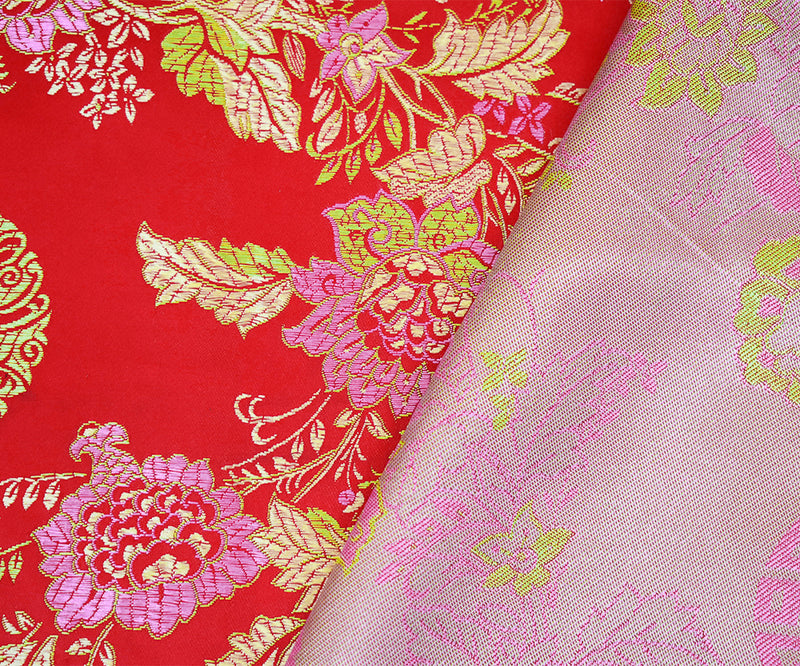 Red-Pink-Multi Polyester Floral Chinese Brocade Woven Fabric
