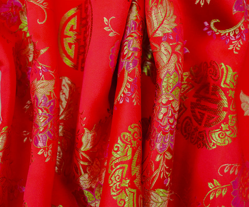 Red-Pink-Multi Polyester Floral Chinese Brocade Woven Fabric