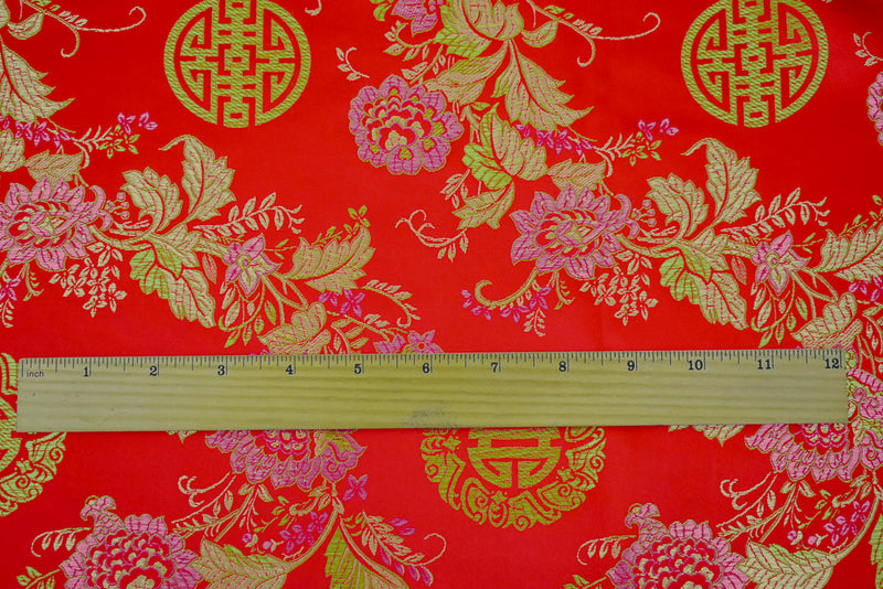 Red-Pink-Multi Polyester Floral Chinese Brocade Woven Fabric