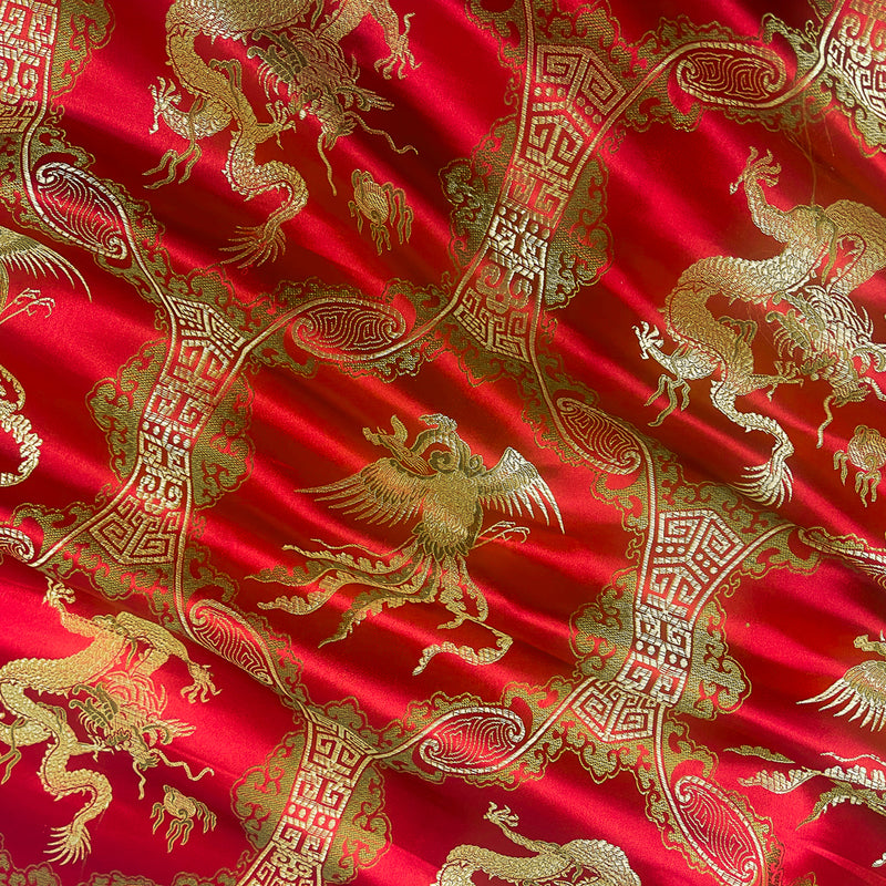 Red-Golden Yellow-Brown Dragon Trellis Chinese Brocade Woven Fabric