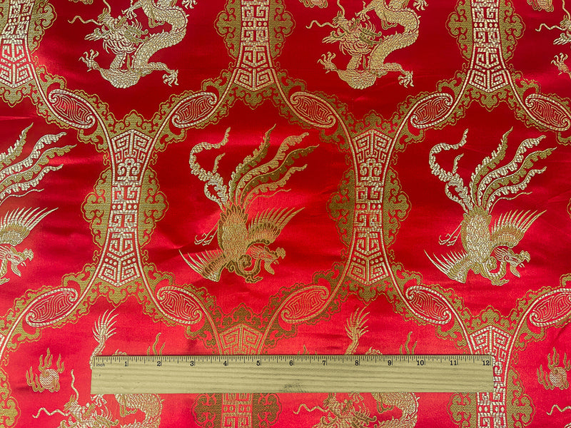 Red-Golden Yellow-Brown Dragon Trellis Chinese Brocade Woven Fabric