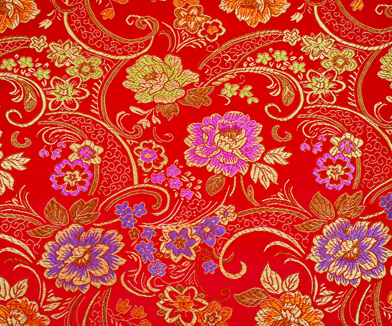 Red-Orange-Multi Polyester Floral Vine Pattern Chinese Brocade Woven Fabric