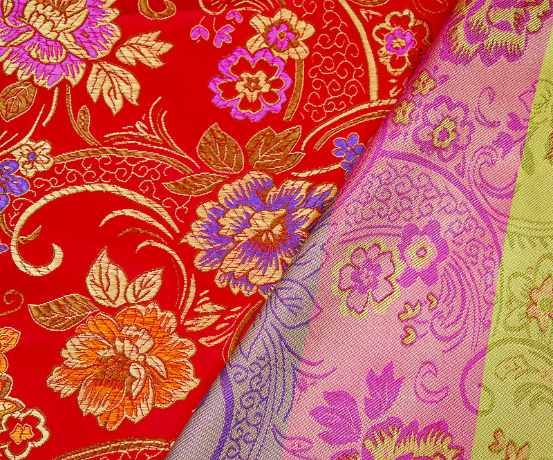 Red-Orange-Multi Polyester Floral Vine Pattern Chinese Brocade Woven Fabric