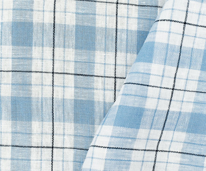 Blue-Navy-White Moygashel Washed Grid Plaid Irish Linen Woven Fabric