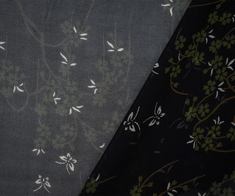 Black-Green-Multi Silk Butterfly Floral Printed Chiffon Woven Fabric