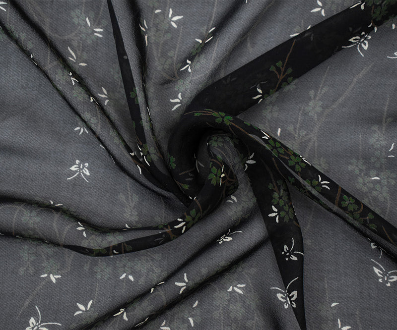 Black-Green-Multi Silk Butterfly Floral Printed Chiffon Woven Fabric